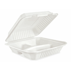 Sugarcane 9"X9"X3" White Hinged Container 3-Compartment 200pcs/case